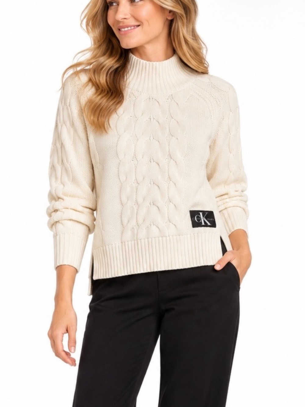 Calvin Klein Jeans Cream Cable Knit Mock Neck Sweater Size Medium